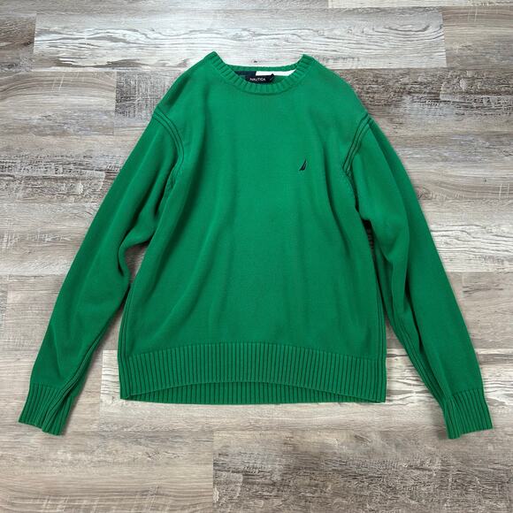 Vintage Nautica Green Cotton Sweater XL 90s Crewneck Knit Pullover Y2K Prep - Picture 1 of 7